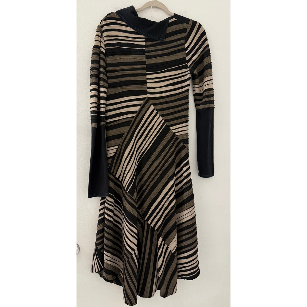 Aimee Women's Striped Patchwork Asymmetrical Black Brown Midi Dress Size M Boho